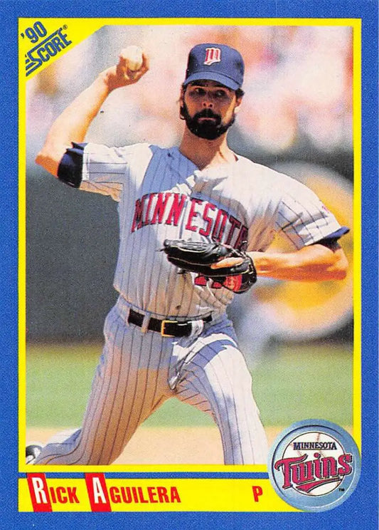 1990 Score Rick Aguilera Baseball Card featuring Minnesota Twins pitcher in action