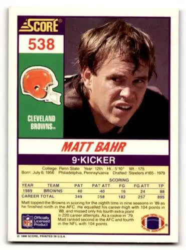 1990 Score Matt Bahr Cleveland Browns Football Card with original gloss and EX/NM condition
