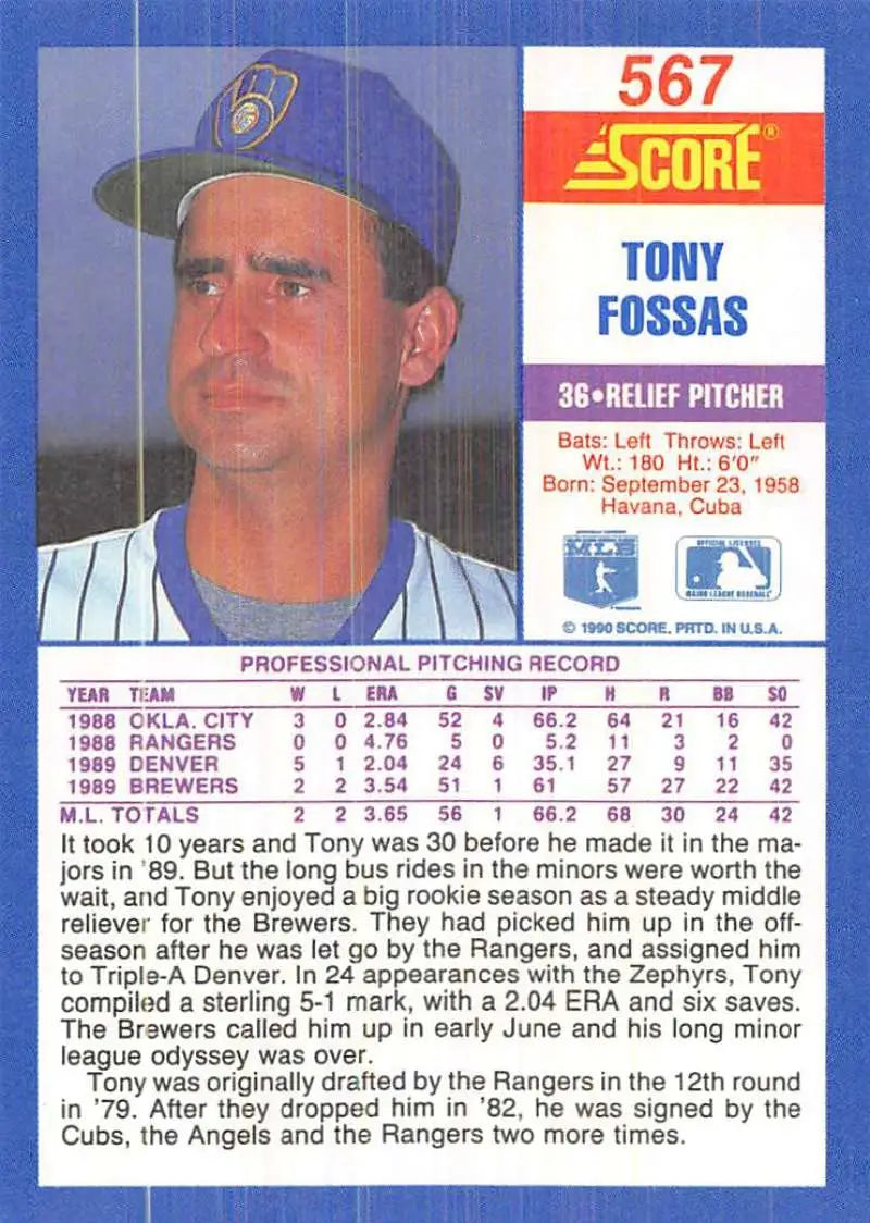 1990 Score baseball card of Tony Fossas, Milwaukee Brewers pitcher, NM-MT RC rookie