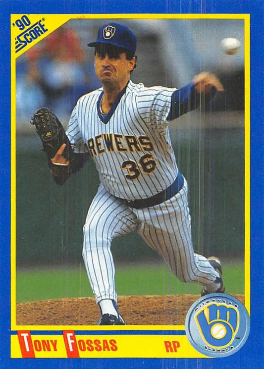 Milwaukee Brewers baseball card of Tony Fossas, pitcher #36 mid-delivery in pinstripes