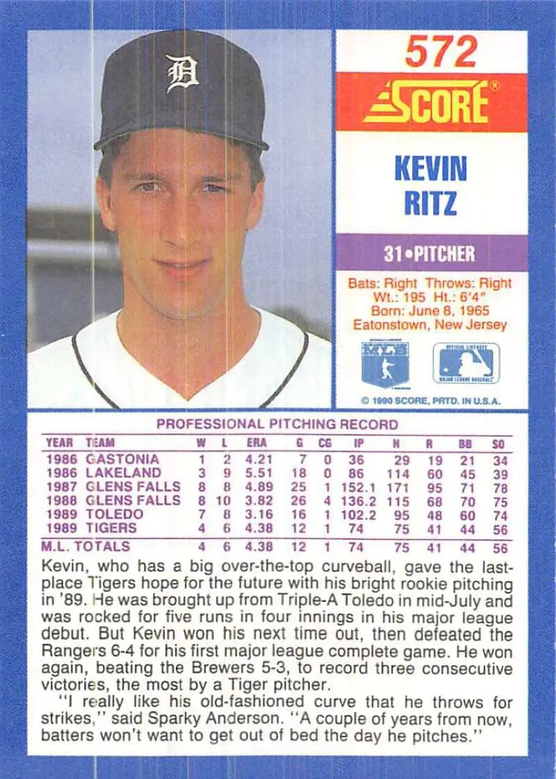 1989 Score Kevin Ritz Rookie Detroit Tigers Baseball Card in home uniform