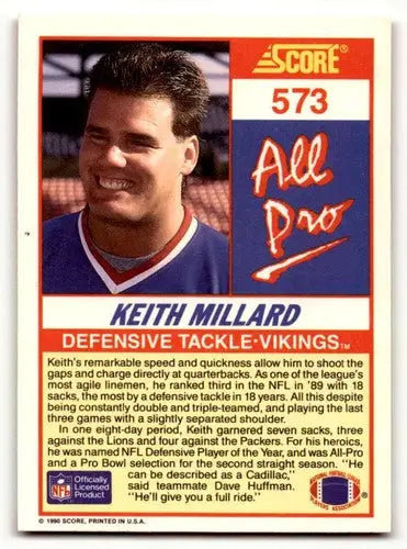 Original gloss Keith Millard Minnesota football card from 1990 Score #573 Millard Minnesota Vikings