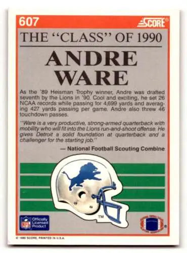 1990 Score #607 Andre Ware Detroit Lions Football Card in EX/NM original gloss condition