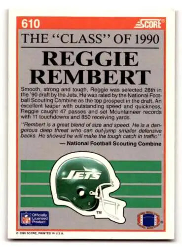 1990 Score #610 Reggie Rembert Jets football card with original gloss for collectors
