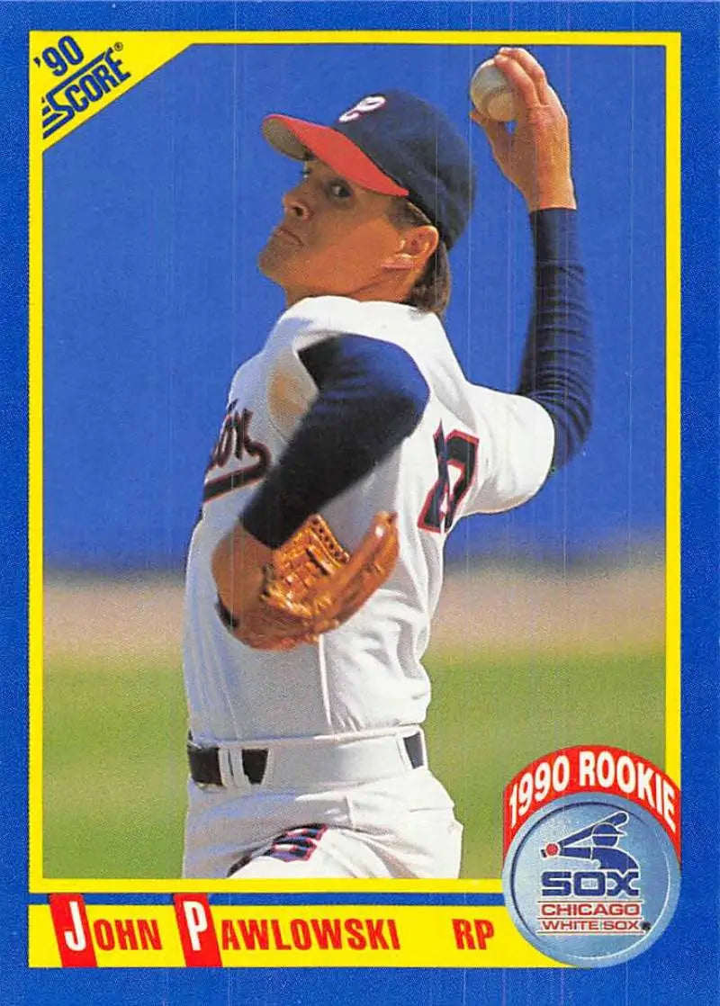 Baseball card of John Pawlowski in mid-throw for the White Sox wearing navy uniform