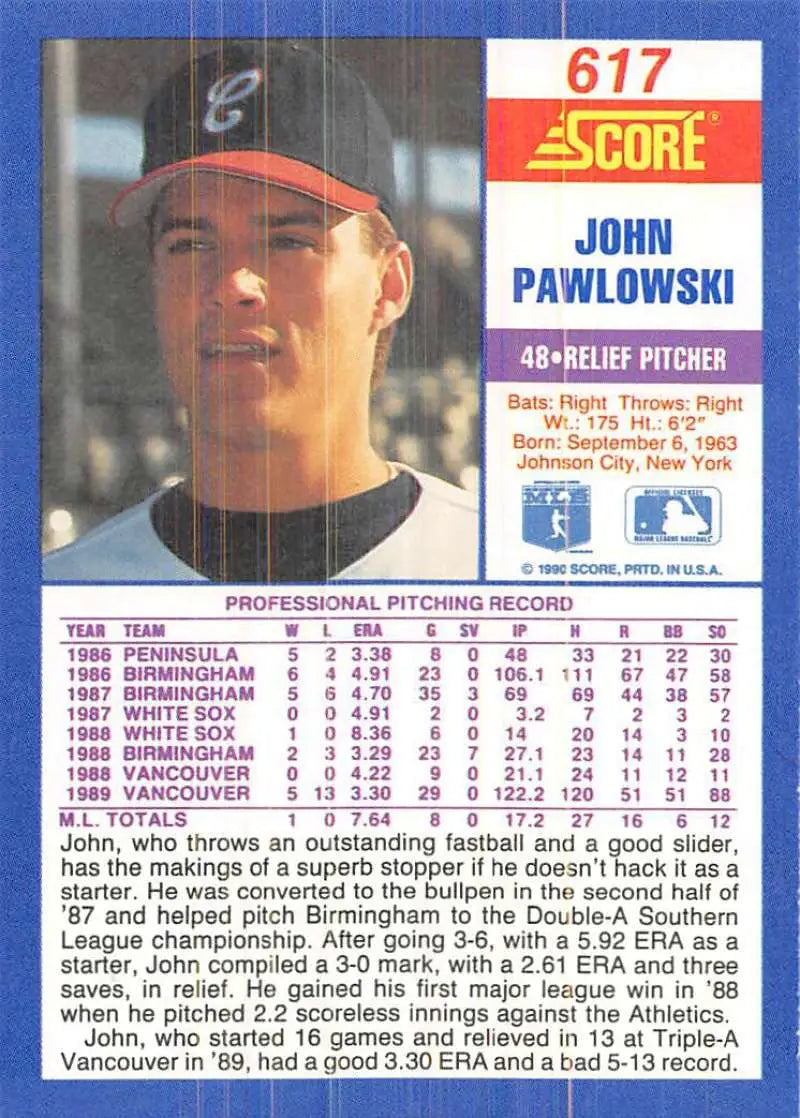 Baseball card of John Pawlowski, 1988 Vancouver relief pitcher for White Sox