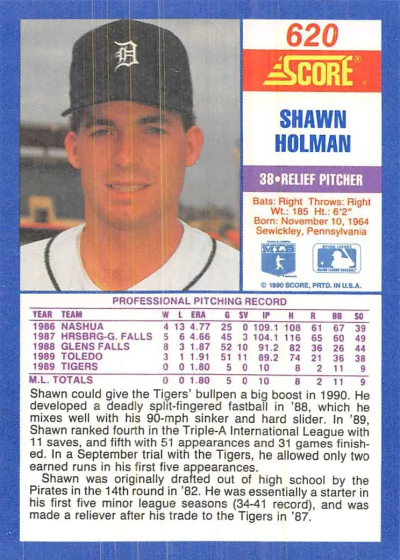 Detroit Tigers Shawn Holman baseball card from 1990 Score featuring team cap