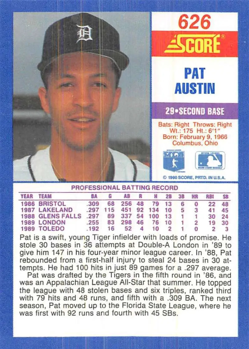 Baseball card of Pat Austin from the 1989 Score Detroit Tigers set