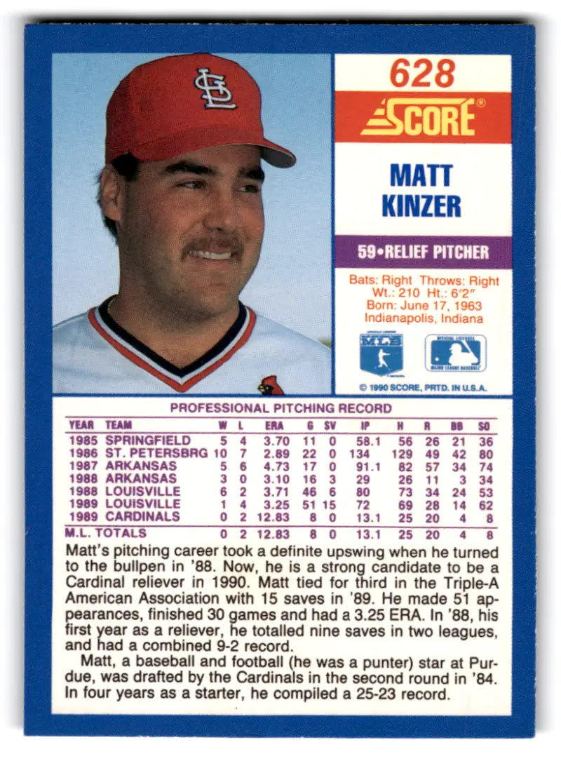 1990 Score #628 Matt Kinzer NM-MT RC Rookie Cardinals ID:70065 - Trading Cards