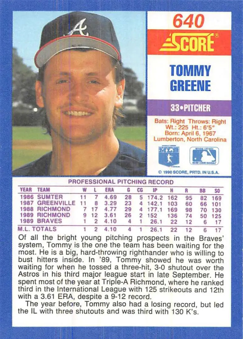 1991 Score baseball card of Tommy Greene from the Atlanta Braves