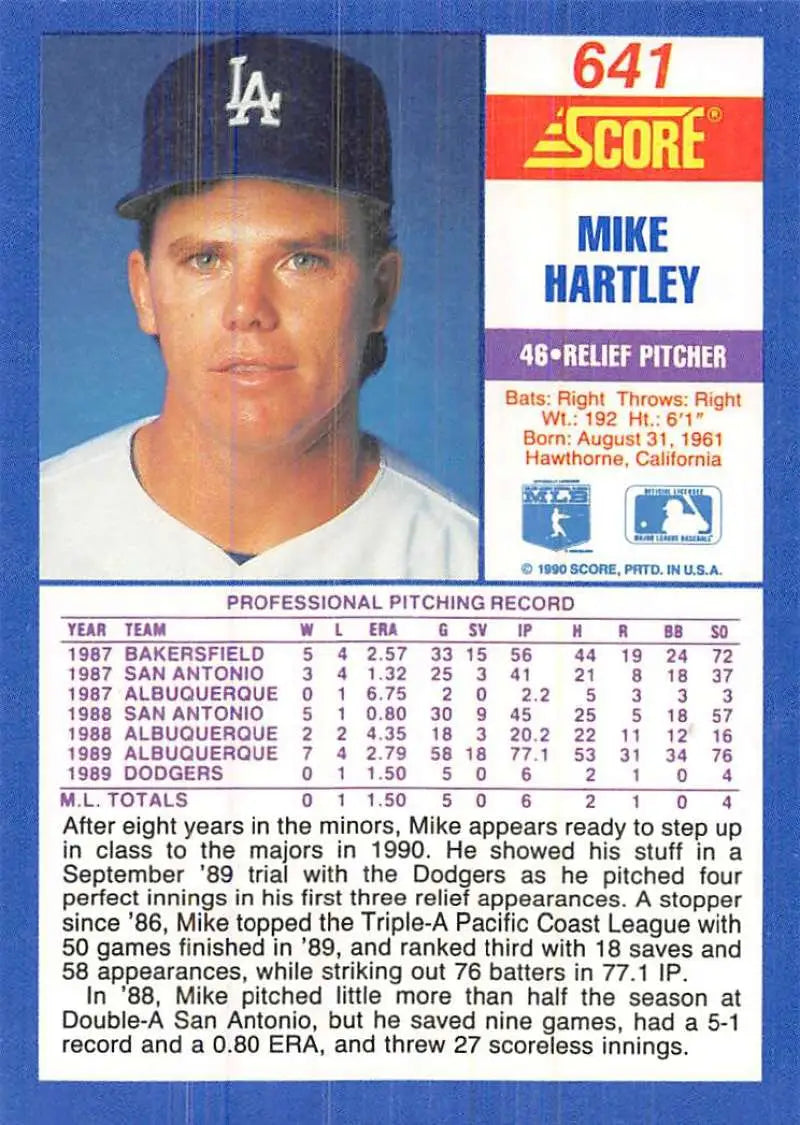1991 Score baseball card of Mike Hartley, Los Angeles Dodgers relief pitcher