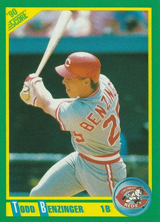 Baseball card of Todd Benzinger in a white uniform playing for Cincinnati Reds