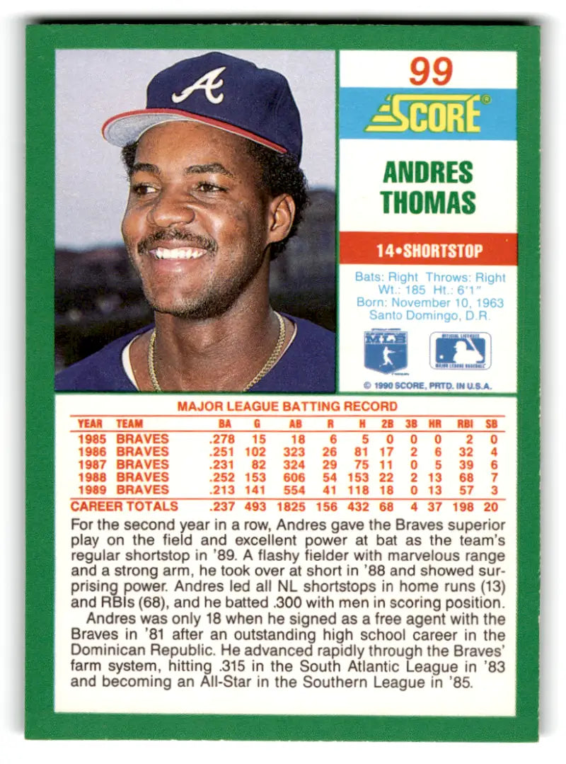 1990 Score #99 Andres Thomas NM-MT Braves ID:70058 - Trading Cards