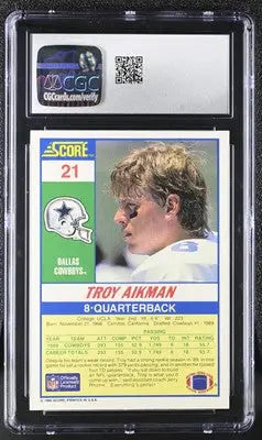 Score Troy Aikman football card from 1990 Score Troy series in CGC 8.5 condition