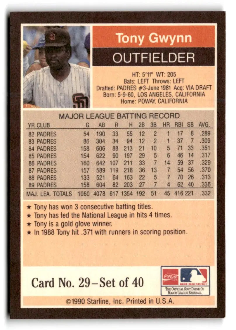 Tony Gwynn baseball card from 1990 Starline Long John Silver collection