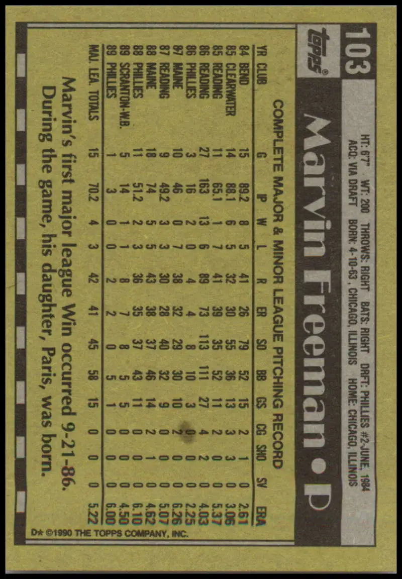 1990 Topps #103 Marvin Freeman Baseball Card featuring Philadelphia Phillies stats