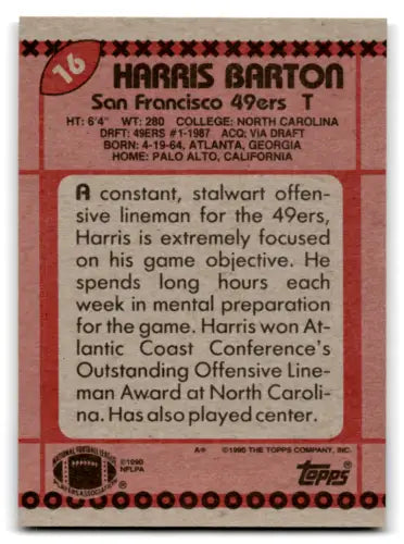 Harris Barton football card back showing original gloss Mint 49ers details