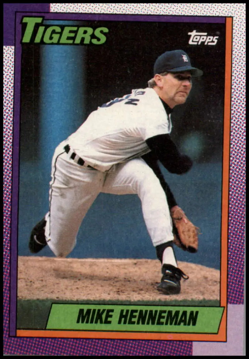 Baseball card of Mike Henneman in mid-delivery for Detroit Tigers 1990 Topps #177