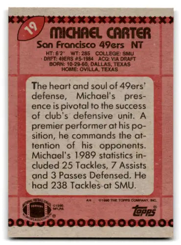 1990 Topps #19 Michael Carter football card in original gloss, Mint 49ers collectible
