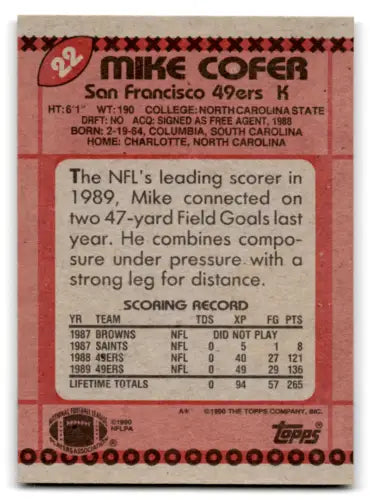 1990 Topps #22 Mike Cofer NM football card with original gloss featuring mint 49ers