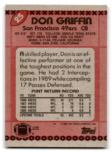 1990 Topps #25 Don Griffin football card featuring original gloss in mint 49ers condition