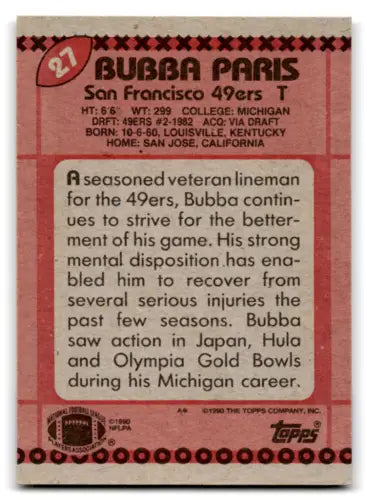 Bubba Paris football card featuring original gloss in mint 49ers condition