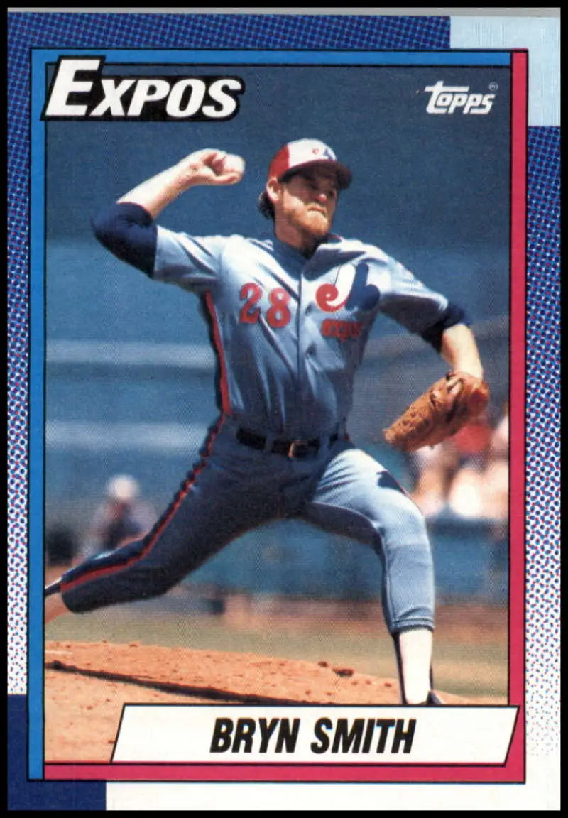 Bryn Smith mid-throw in gray uniform on Montreal Expos baseball card, 1990 Topps #352
