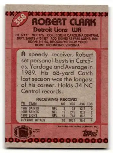 Robert Clark Detroit Lions football card in original gloss from 1990 Topps #358
