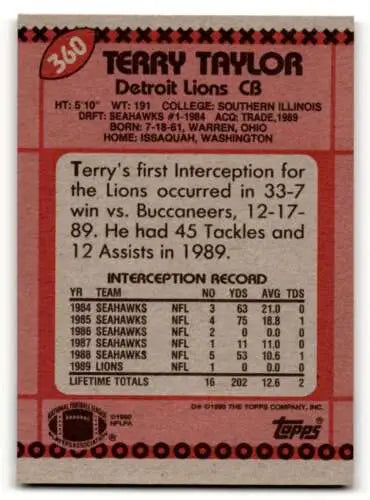 Terry Taylor Detroit Lions Football Card from 1990 Topps with original gloss ID:60306