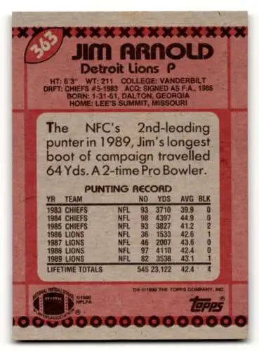 Jim Arnold Detroit Lions football card with original gloss from 1990 Topps #363