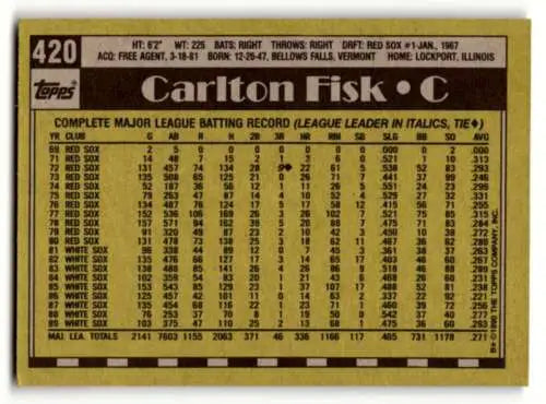 Carlton Fisk Chicago White Sox baseball card from 1990 Topps with original gloss