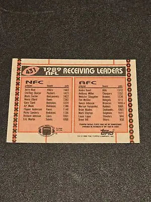 1990 Topps 431 1989 Receiving Leaders card featuring Jerry Rice and Andre Reed
