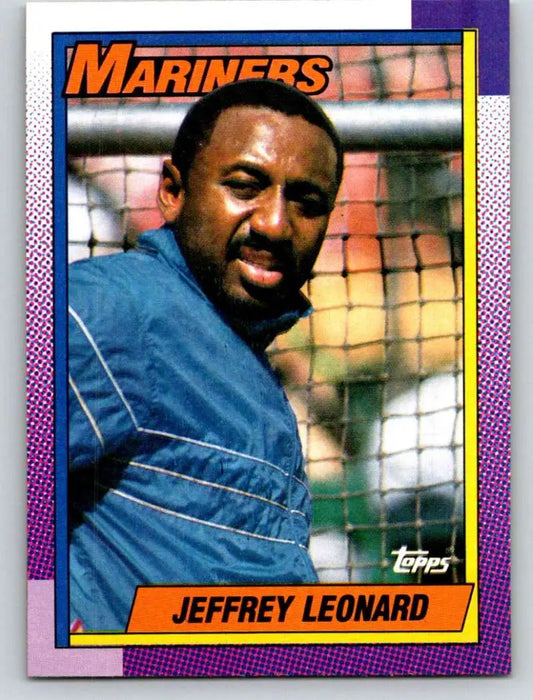 Vintage 1990 Topps Jeffrey Leonard Seattle Mariners Baseball Card near batting cage