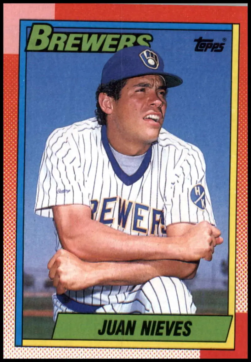 1990 Topps baseball card of Juan Nieves in Milwaukee Brewers pinstriped uniform