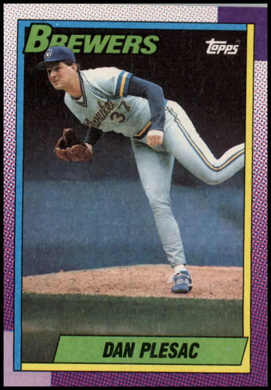 1990 Topps Dan Plesac Milwaukee Brewers baseball card featuring a pitcher in mid-delivery