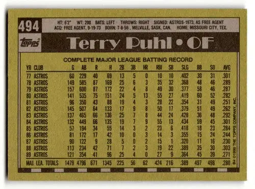 1990 Topps #494 Terry Puhl Houston Astros Baseball Cards EX/NM ID:55629