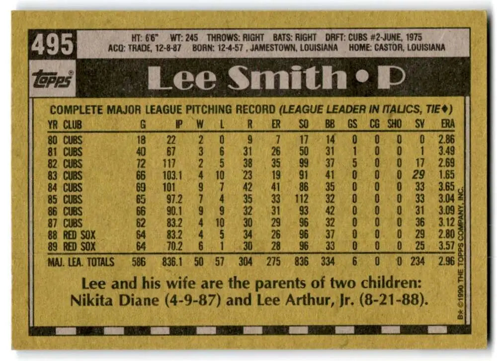Lee Smith Boston Red Sox Baseball Card 1990 Topps #495 with pitching stats and info