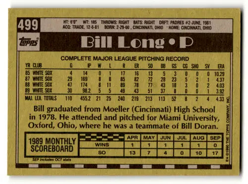 Original gloss on 1990 Topps Bill Long baseball card back featuring simply Sandoval