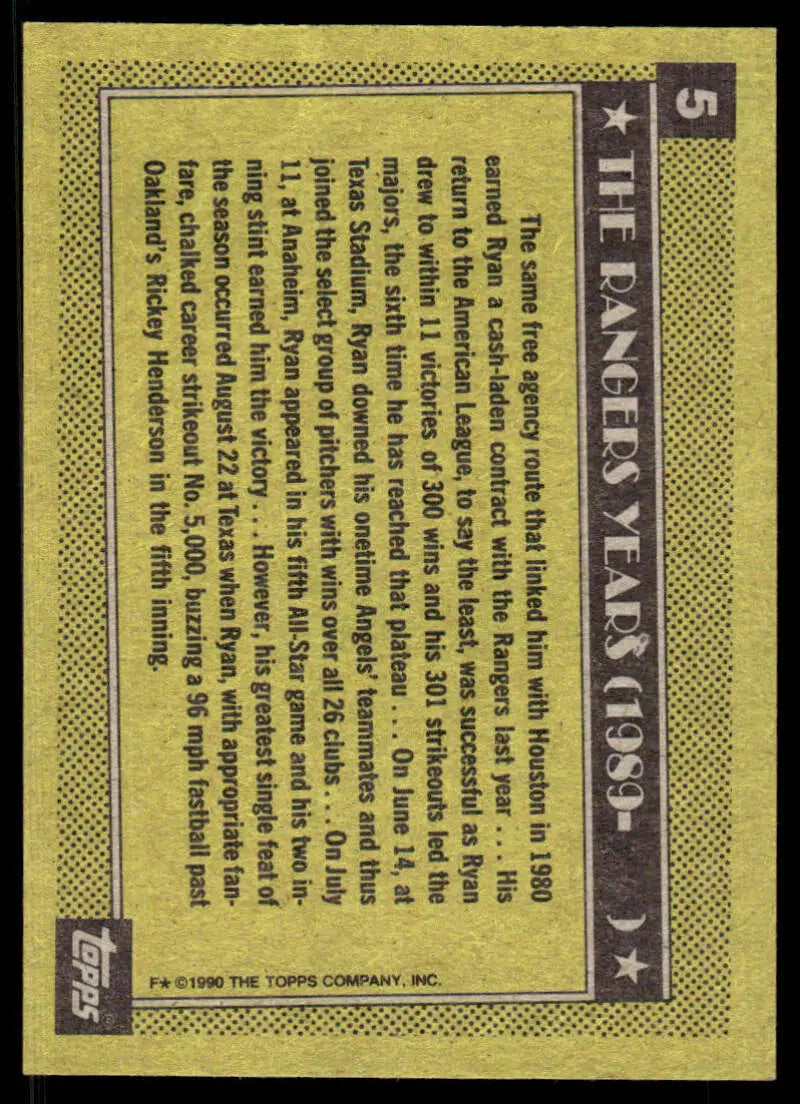 Back side of a vintage 1984 Topps baseball card featuring Nolan Ryan and Texas Rangers