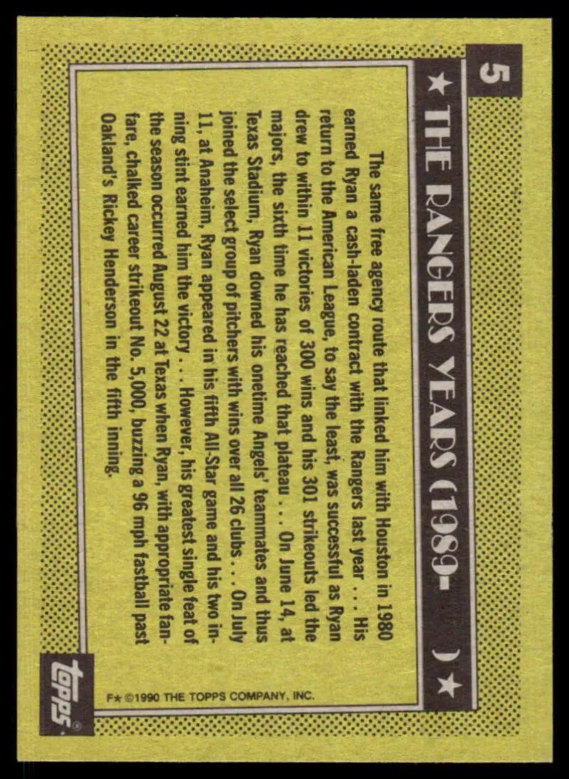 Back of 1990 Topps Nolan Ryan Texas Rangers Baseball Card with yellow text background