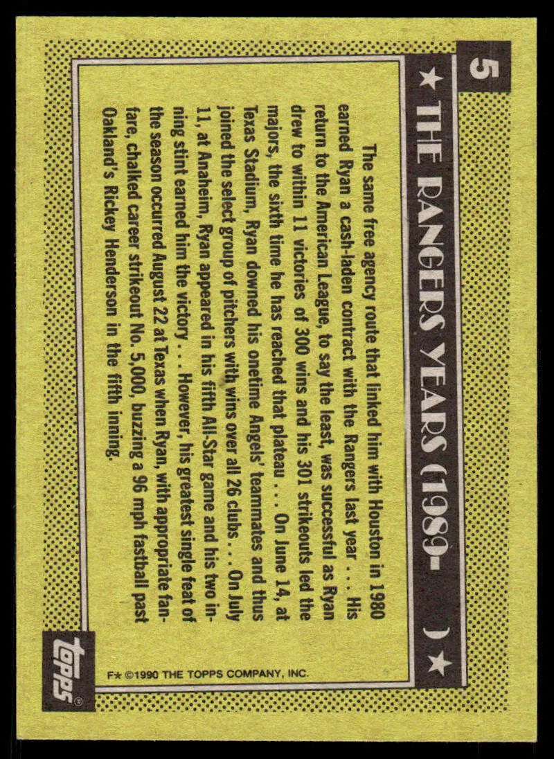 Back of 1990 Topps #5 Nolan Ryan Texas Rangers Baseball Card in vintage design
