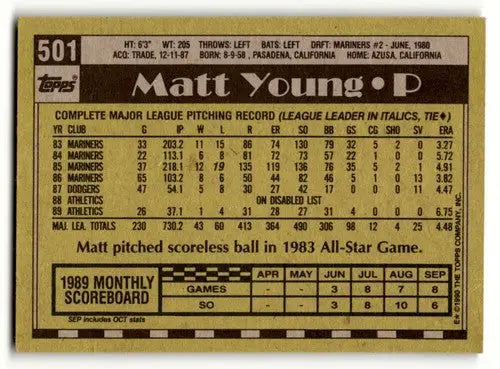 1990 Topps #501 Matt Young Oakland Athletics Baseball Cards EX/NM ID:55656