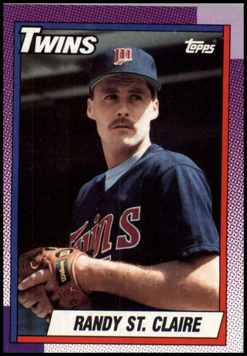 Minnesota Twins baseball card of Randy St. Claire in navy uniform from 1990 Topps