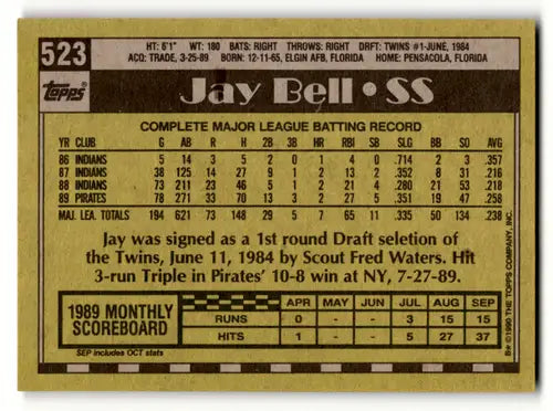 Jay Bell baseball card from 1990 Topps with original gloss Pirates trading card