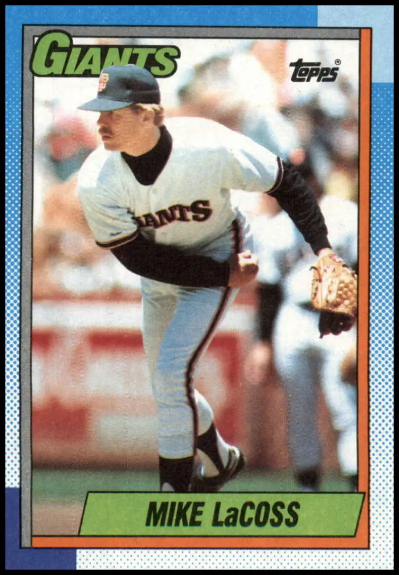 1990 Topps #53 Mike LaCoss San Francisco Giants pitcher baseball card in mid-delivery