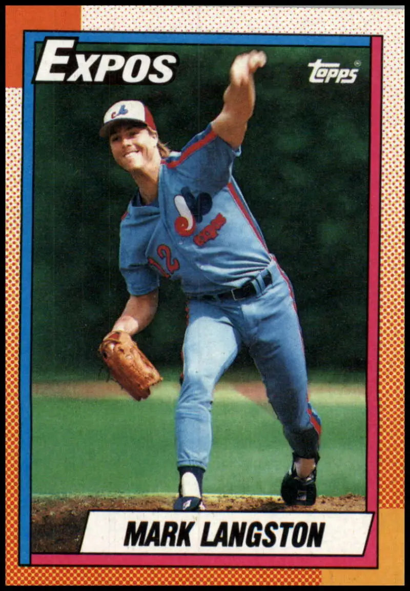 Montreal Expos baseball card of Mark Langston in mid-throwing motion wearing blue uniform