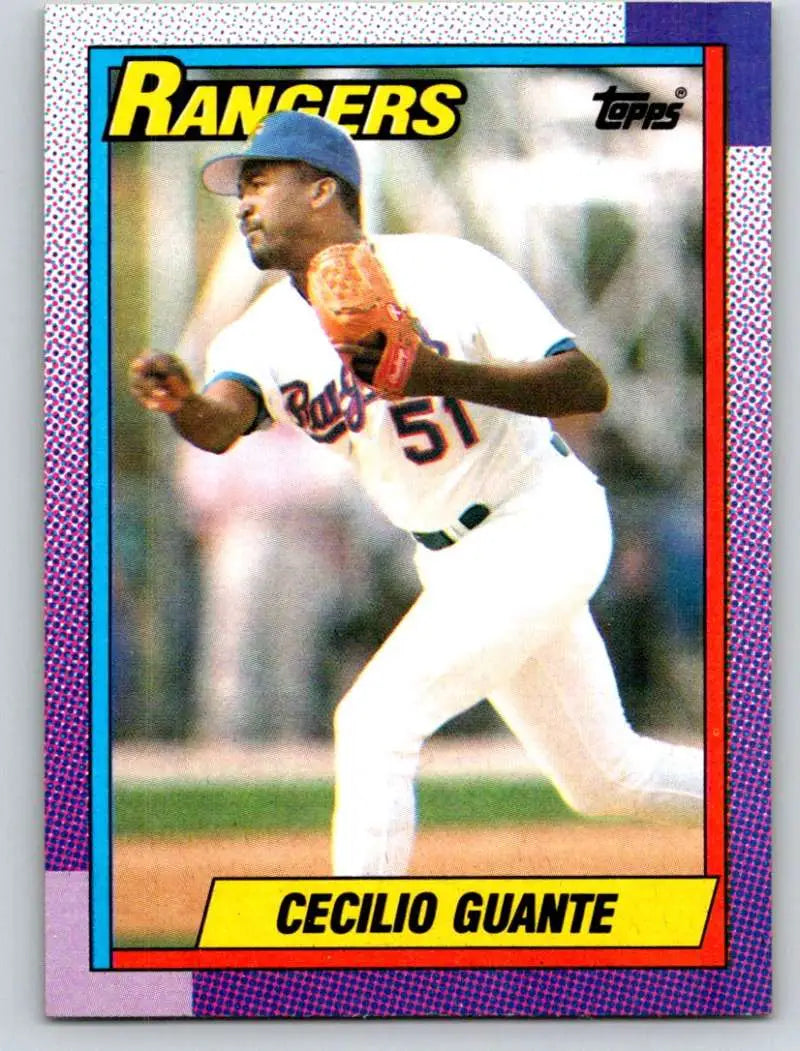 1990 Topps #532 Cecilio Guante Texas Rangers Baseball Card in mid-delivery motion