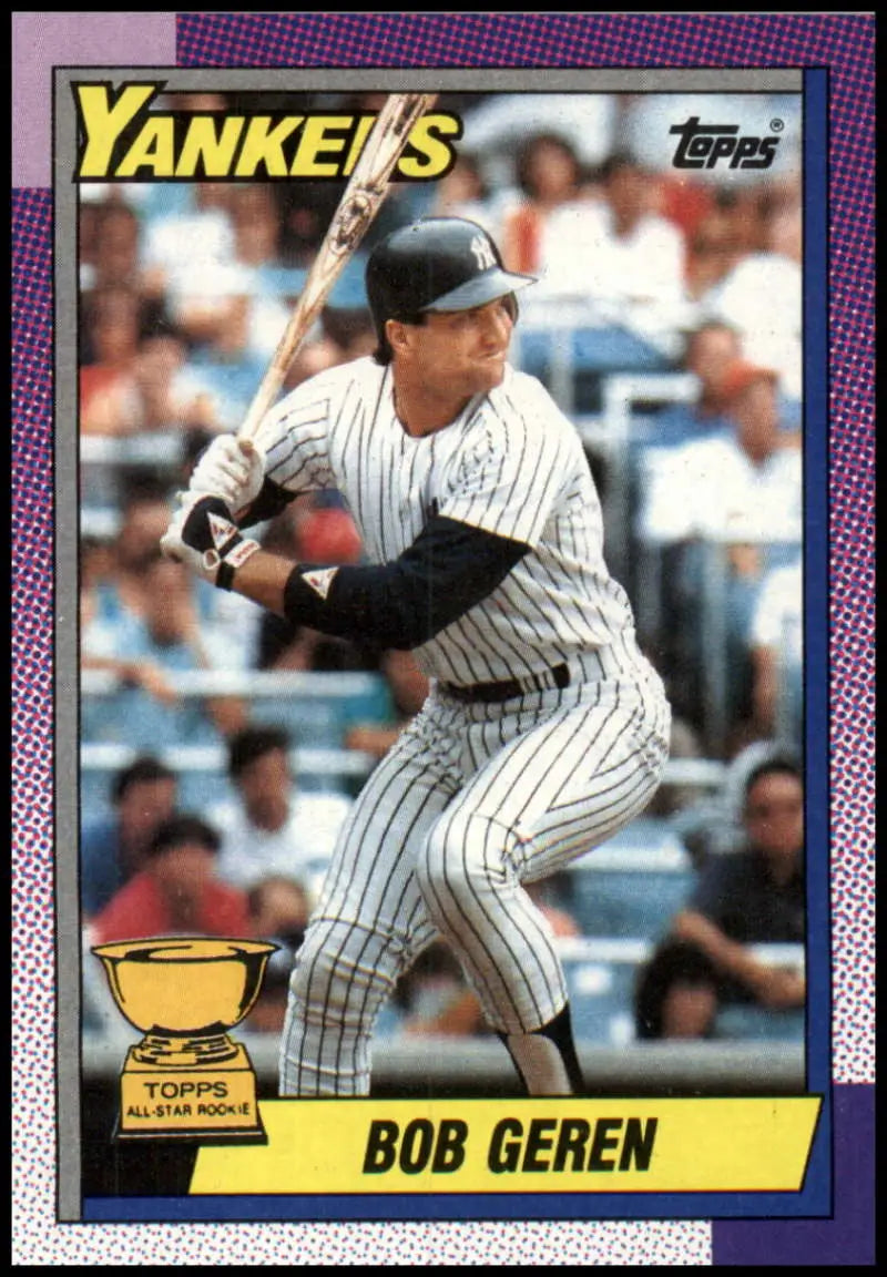 Vintage 1990 Topps baseball card of Bob Geren in New York Yankees pinstripe uniform