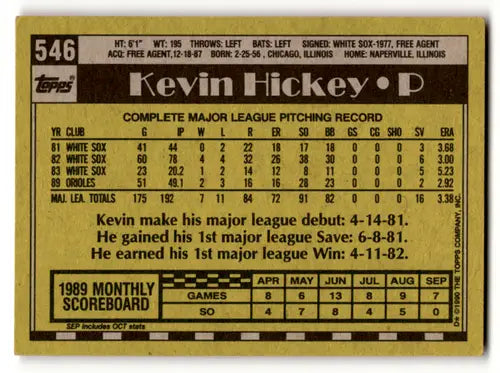 Original gloss Kevin Hickey baseball card from 1990 Topps #546 Orioles ID 56620