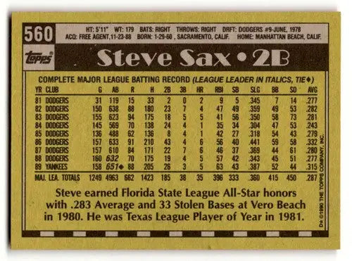 Steve Sax Yankees baseball card with original gloss from 1990 Topps #560